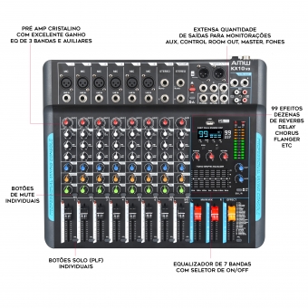 AMW KX10 v3 Mesa de som 10 Canais 99 Efeitos Efx Mute Aux Eq