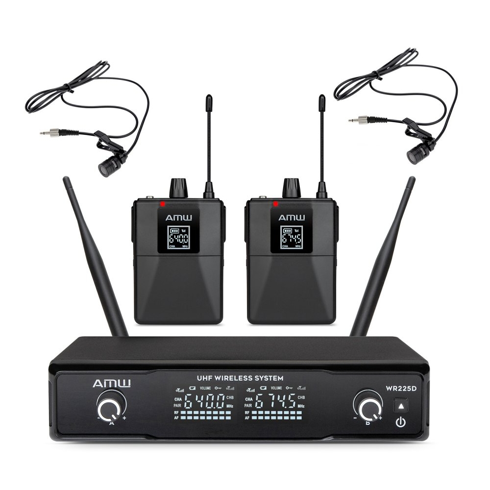 AMW BU200 Kit Microfone Sem Fio Duplo Bodypack Lapela UHF Digital 2B 2L