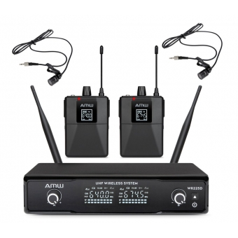 AMW BU200 Kit Microfone Sem Fio Duplo Bodypack Lapela UHF Digital 2B 2L