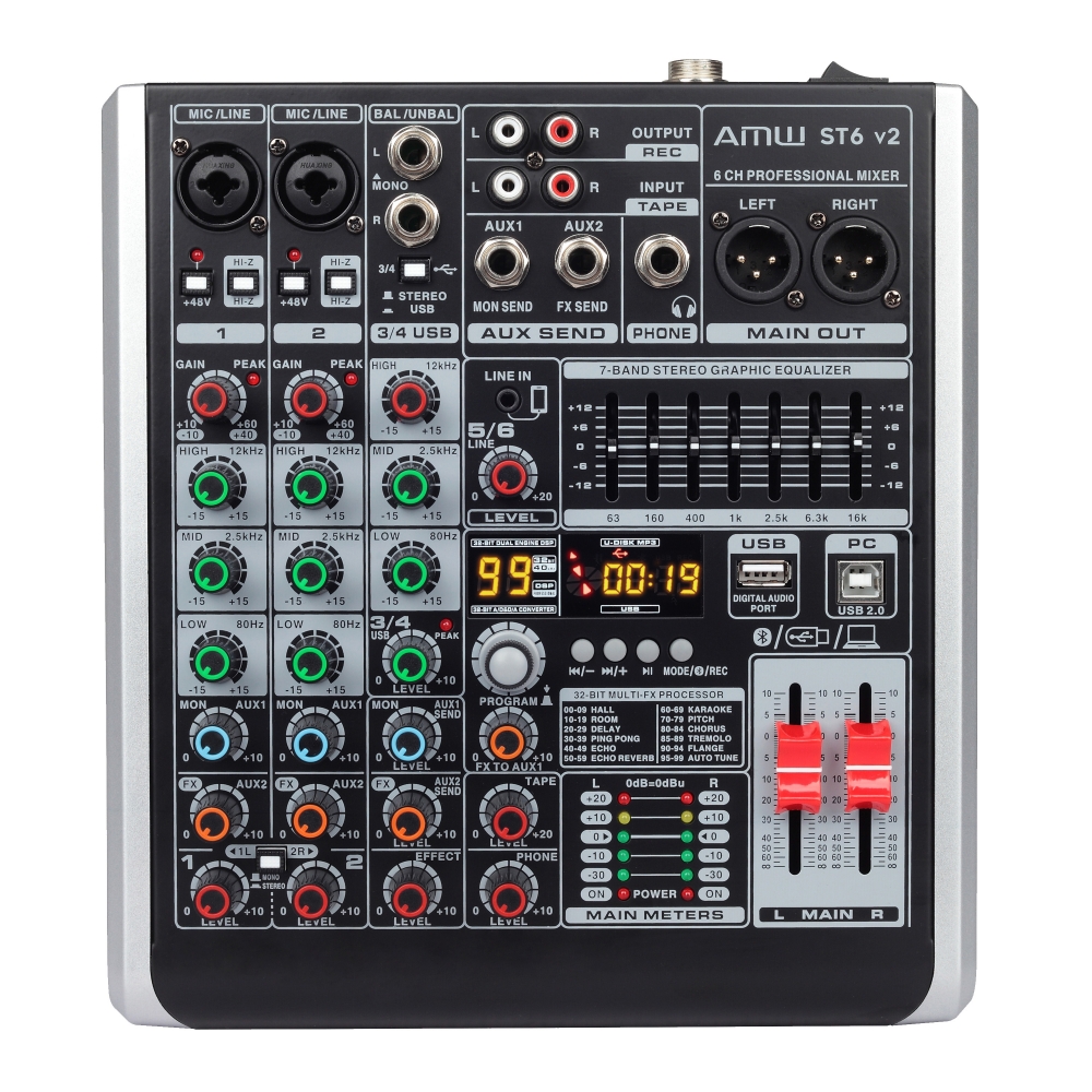 AMW ST6 Mesa de Som 6 Canais 99 Efx Interface de Áudio USB !