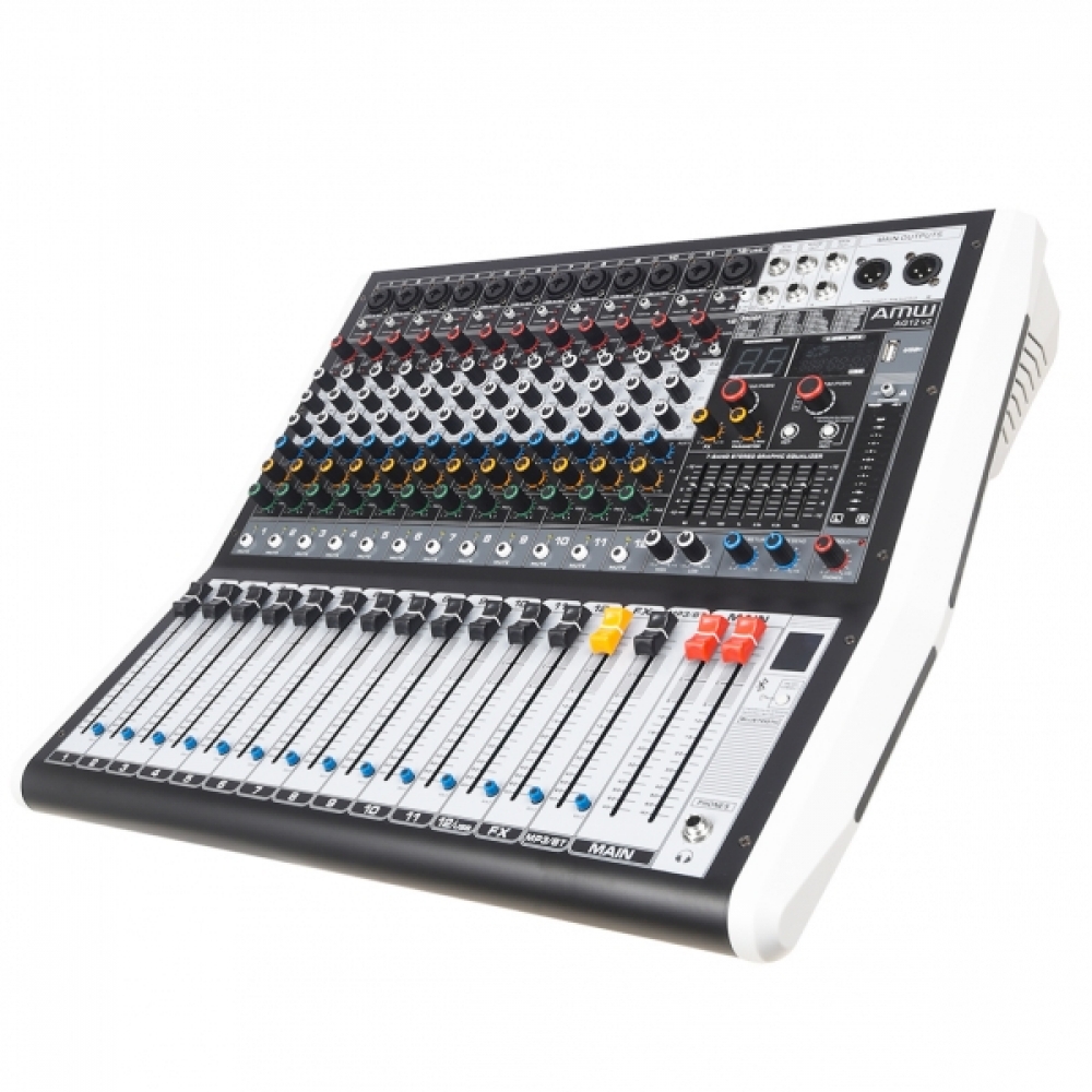 (USADO) AMW AG12 v2 Mesa de Som 12 Canais 99 Efeitos DSP BT Interface USB e Faders de 100mm