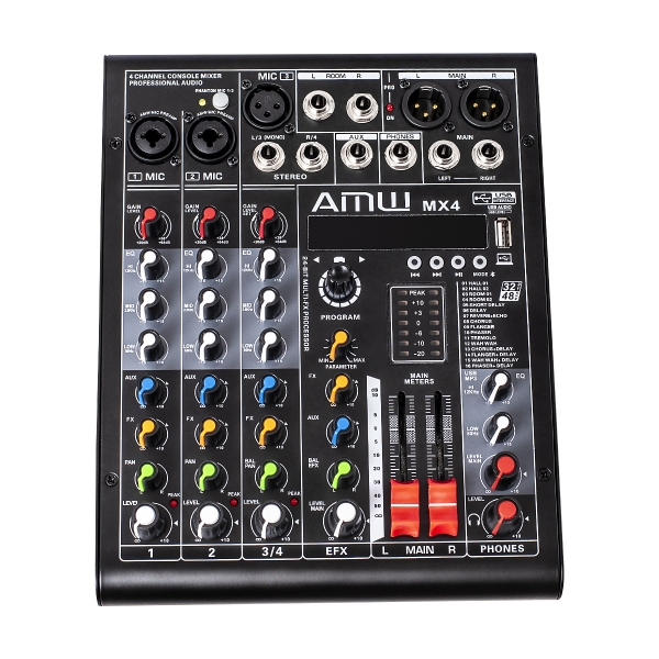 AMW MX4 v2 Mesa de Som 4 Canais Com USB Interface BT 16 Efeitos DSP