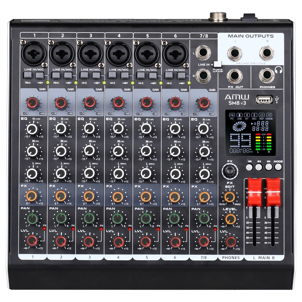 AMW SM8 v3 Mesa de Som 99 Efeitos DSP 8 Canais Interface USB