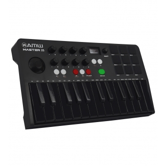 AMW Master 25 All Black Teclado Controlador Midi 9 PADs 8 Knobs Visor OLED