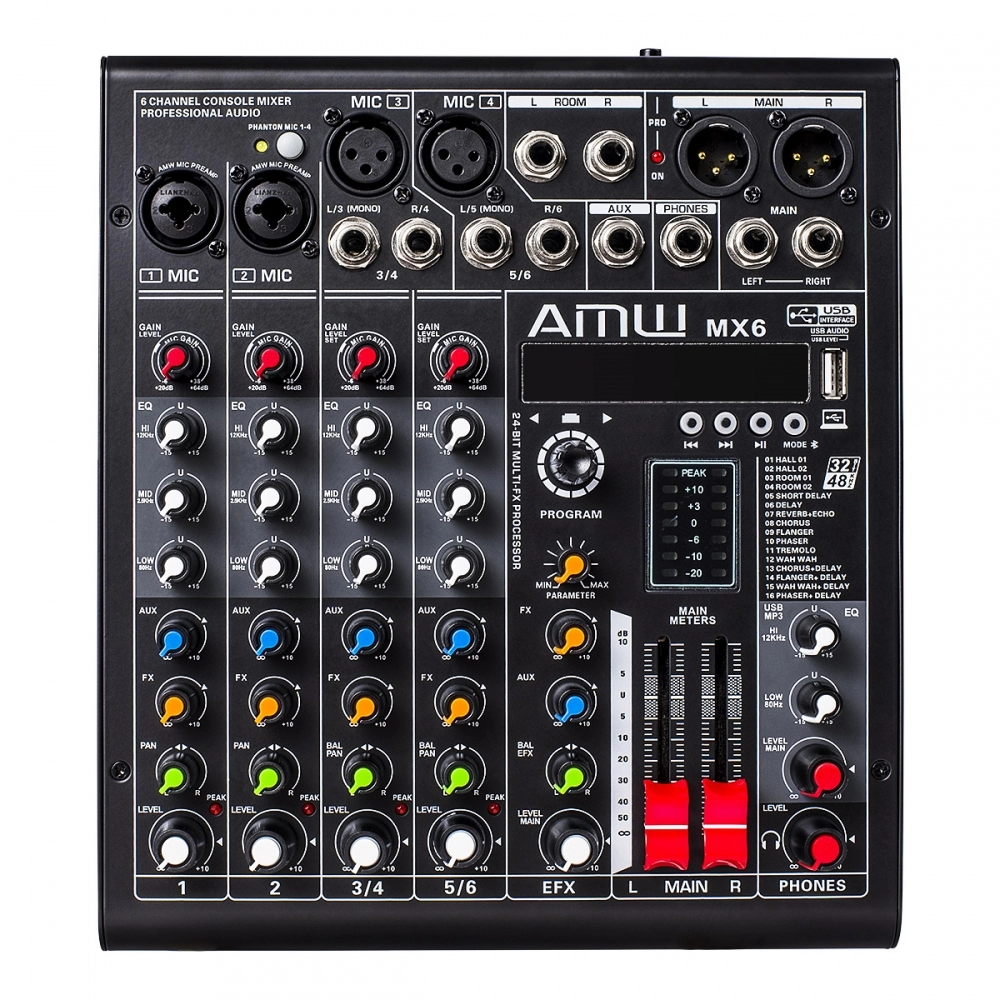 (USADO) AMW MX6 v2 Mesa de Som 6 Canais 4 XLR Bluetooth EFX Bluetooth Interface USB