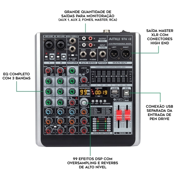 AMW ST6 Mesa de Som 6 Canais 99 Efx Interface de Áudio USB !