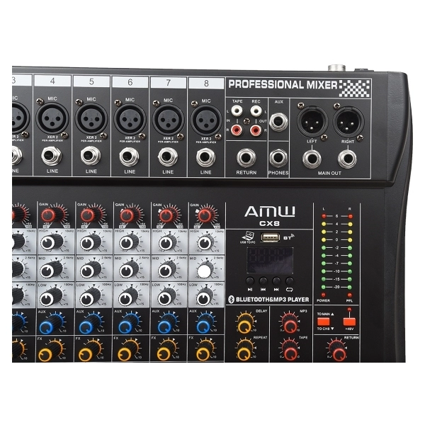 (USADO) AMW CX8 v3 Mesa de Som 8 canais USB BT EFX PFL Eq 3 Bandas