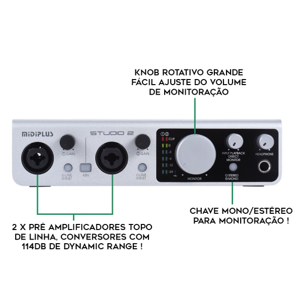 Midiplus Studio 2 Interface de Áudio USB 2x2