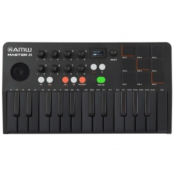 AMW Master 25 All Black Teclado Controlador Midi 9 PADs 8 Knobs Visor OLED