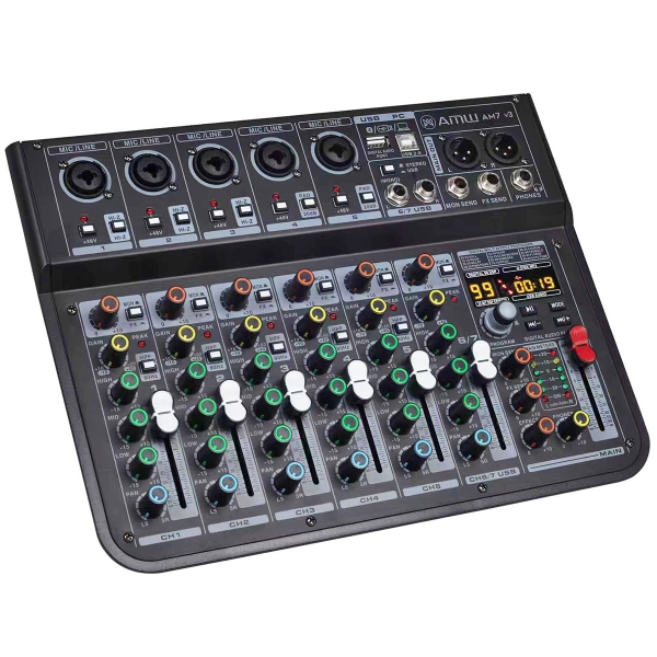 AMW AM7 v2 Mesa de Som 7 Canais 5 XLR Mp3 Efx Bt Interface de áudio USB