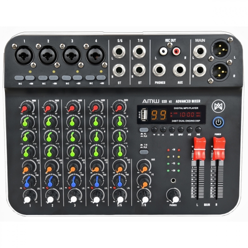 (USADO) AMW SX8 v2 Mesa de Som 8 Canais 99 Efeitos DSP Interface USB