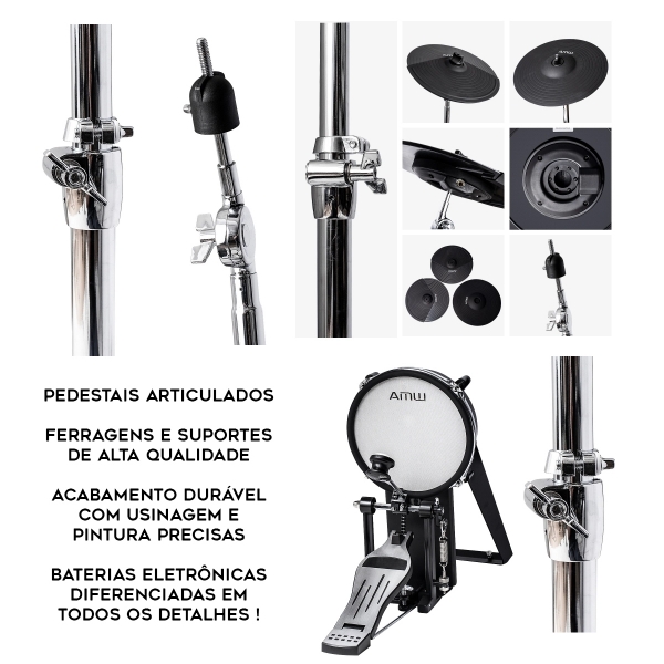 AMW ED8 Pro Tri Zone Bateria Eletrônica PADs Mesh Dual Zone Pratos Dual + Choke Condução Tri zone e Modulo Novo