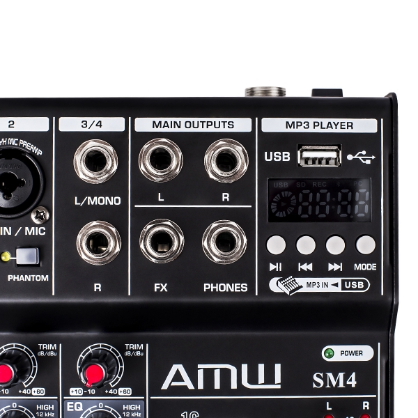 (USADO) AMW SM4 v2 Mesa de Som 4 Canais com Efeitos DSP Bluetooth e USB Interface
