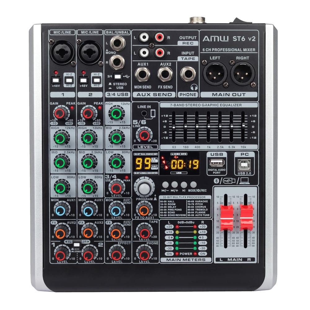 AMW ST6 Mesa de Som 6 Canais 99 Efx Interface de Áudio USB !