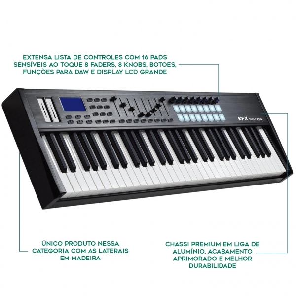 KFX SW61 Pro Teclado Controlador MIdi USB 61 Teclas 16 PADs 8 Knobs Faders Split Transpose