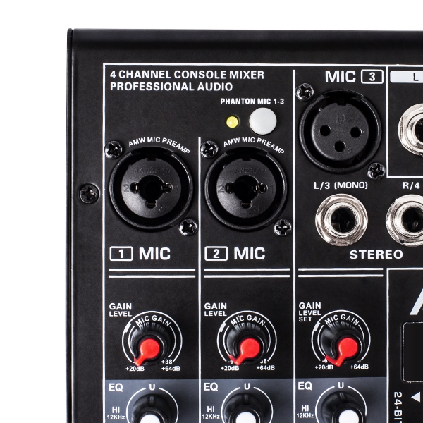 AMW MX4 v2 Mesa de Som 4 Canais Com USB Interface BT 16 Efeitos DSP