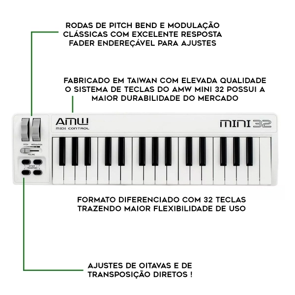 AMW Mini 32 Branco Teclado Controlador Midi USB 32 Teclas
