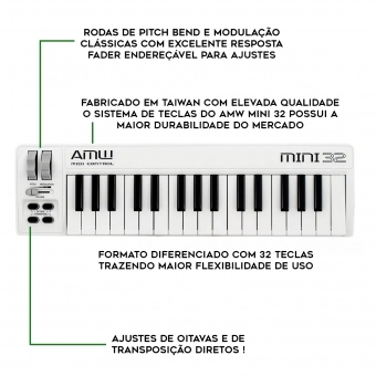 AMW Mini 32 Branco Teclado Controlador Midi USB 32 Teclas