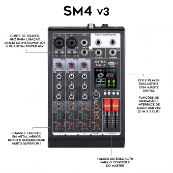 AMW SM4 v3 Mesa de Som 4 Canais com Efeitos DSP USB Interface