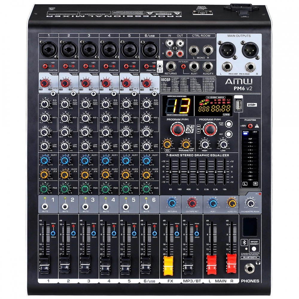 Amw Pm6 v2 Fx Mesa De Som 6 Canais 99 Efx DSP Interface USB Eq