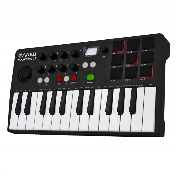 AMW Master 25 Black Teclado Controlador Midi 9 PADs 8 Knobs Visor OLED