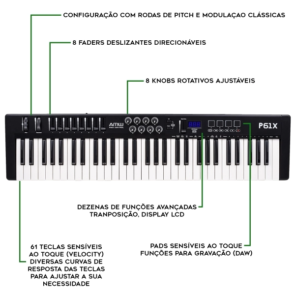 AMW P61X Teclado Black Controlador Midi USB com 61 Teclas PADs Faders e Knobs