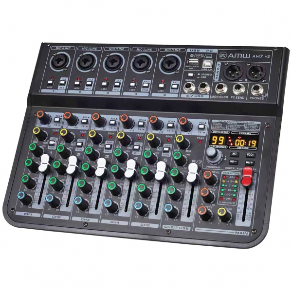 AMW AM7 v2 Mesa de Som 7 Canais 5 XLR Mp3 Efx Bt Interface de áudio USB