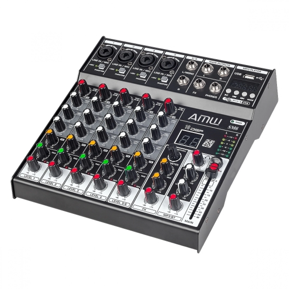 (USADO) AMW SM6 v2 Mesa de Som 6 Canais com Efeitos DSP BT e USB