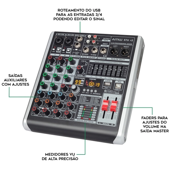 AMW ST6 Mesa de Som 6 Canais 99 Efx Interface de Áudio USB !