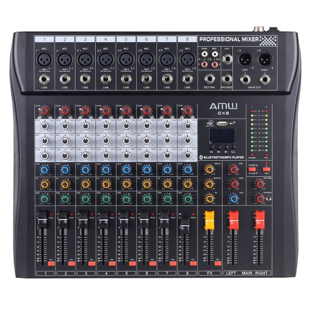 (USADO) AMW CX8 v3 Mesa de Som 8 canais USB BT EFX PFL Eq 3 Bandas