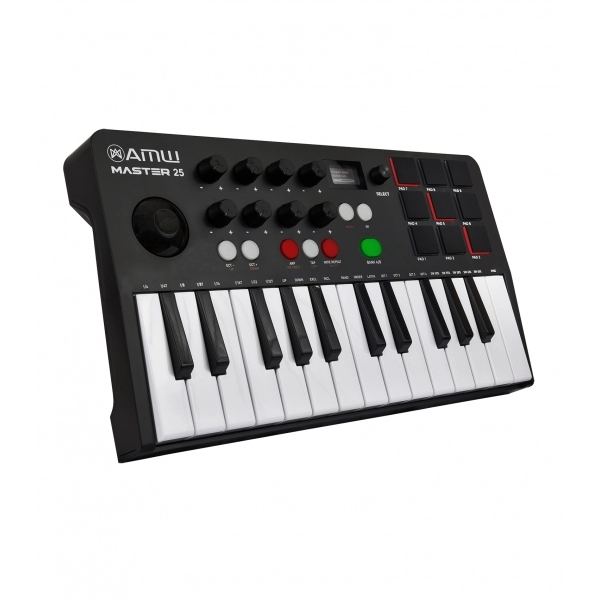 AMW Master 25 Black Teclado Controlador Midi 9 PADs 8 Knobs Visor OLED