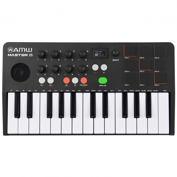 (USADO) AMW Master 25 Black Teclado Controlador Midi 9 PADs 8 Knobs Visor OLED