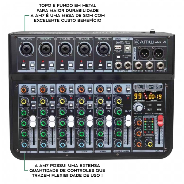 AMW AM7 v2 Mesa de Som 7 Canais 5 XLR Mp3 Efx Bt Interface de áudio USB
