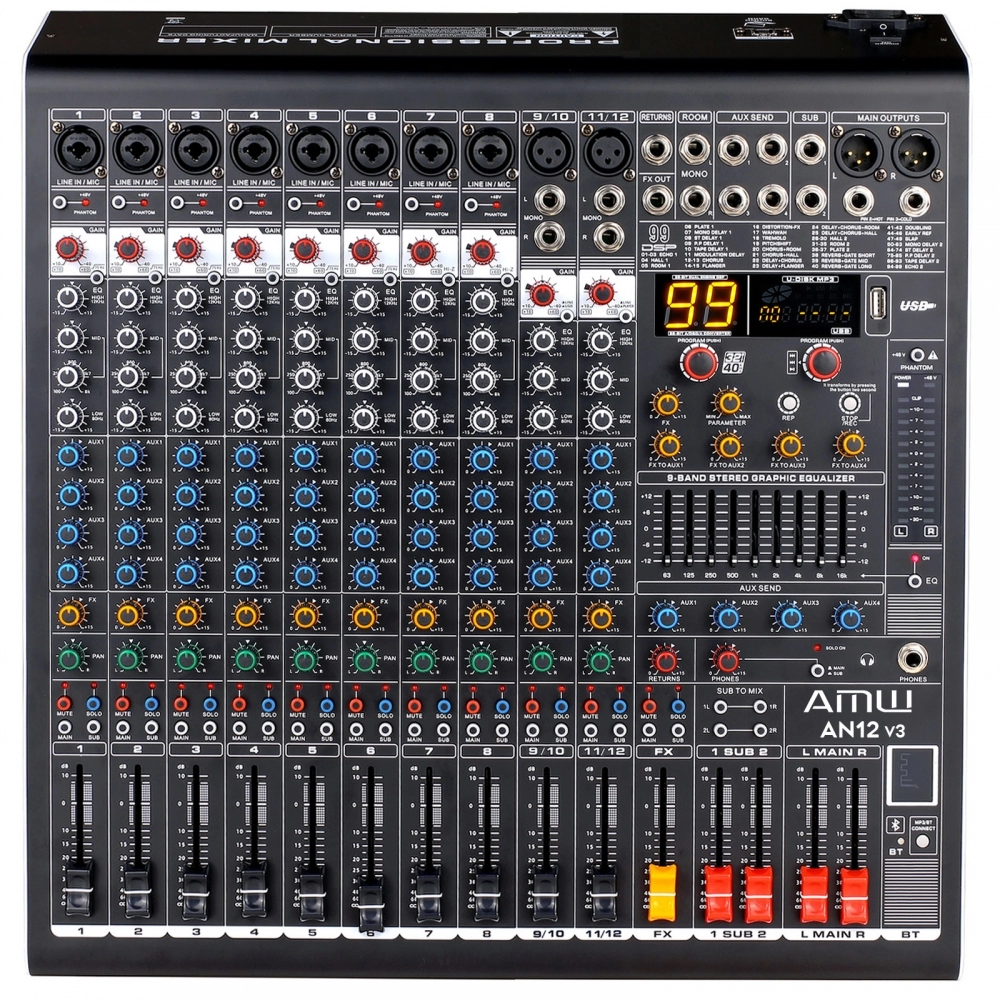 AMW AN12 v3 Mesa de Som 12 Canais com 4 saídas Auxiliares DSP 99 EFX USB Interface