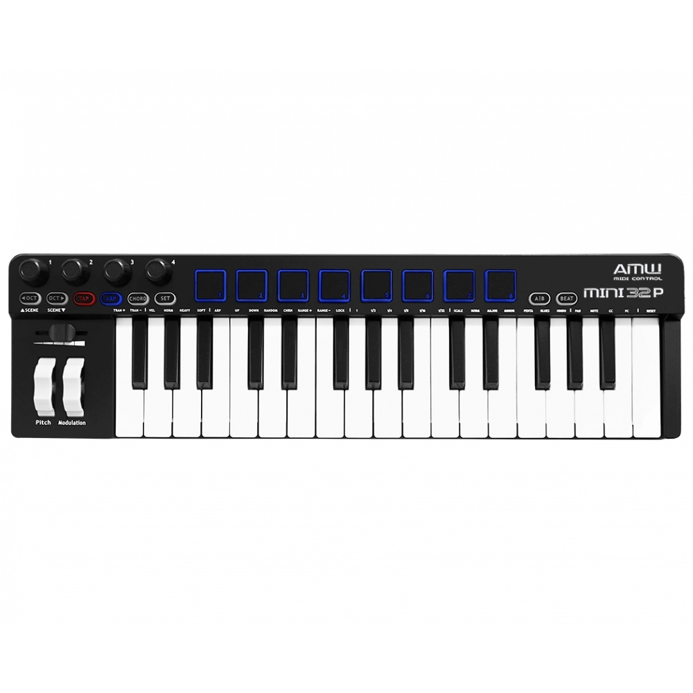 AMW Mini 32 PAD Black Teclado Controlador Midi 32 Teclas 8 PADs Arp Chord Hi End