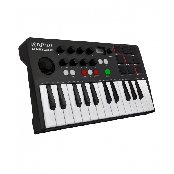 (USADO) AMW Master 25 Black Teclado Controlador Midi 9 PADs 8 Knobs Visor OLED